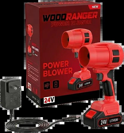 WoodRanger Power Blower box with the tool, a 24V battery, and a wall charger.